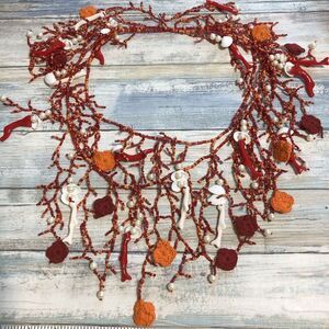 Artisan Handmade Faux Coral Pearl Necklace Acrylic Crochet Shells Red Orange 48"